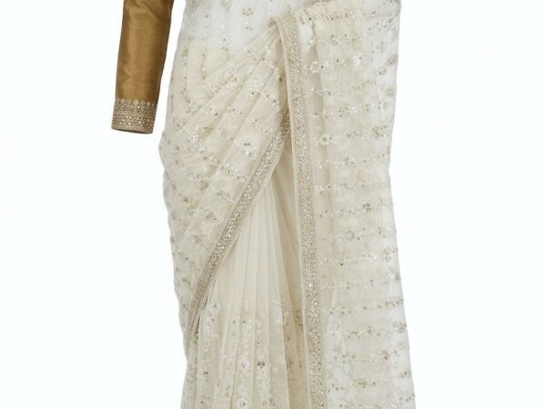 Engagement saree gold and white